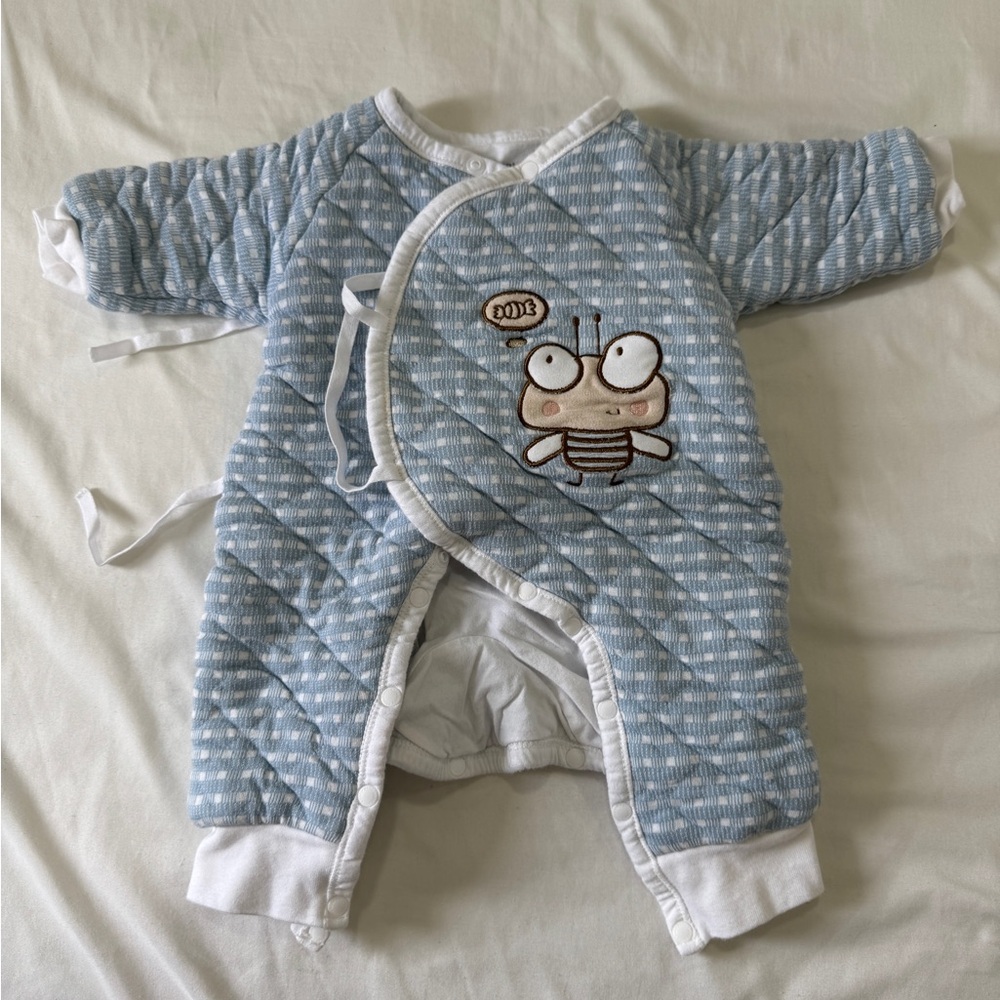 AQPA Blue Quilted Baby Onesie Outerwear with Cute Bug Applique